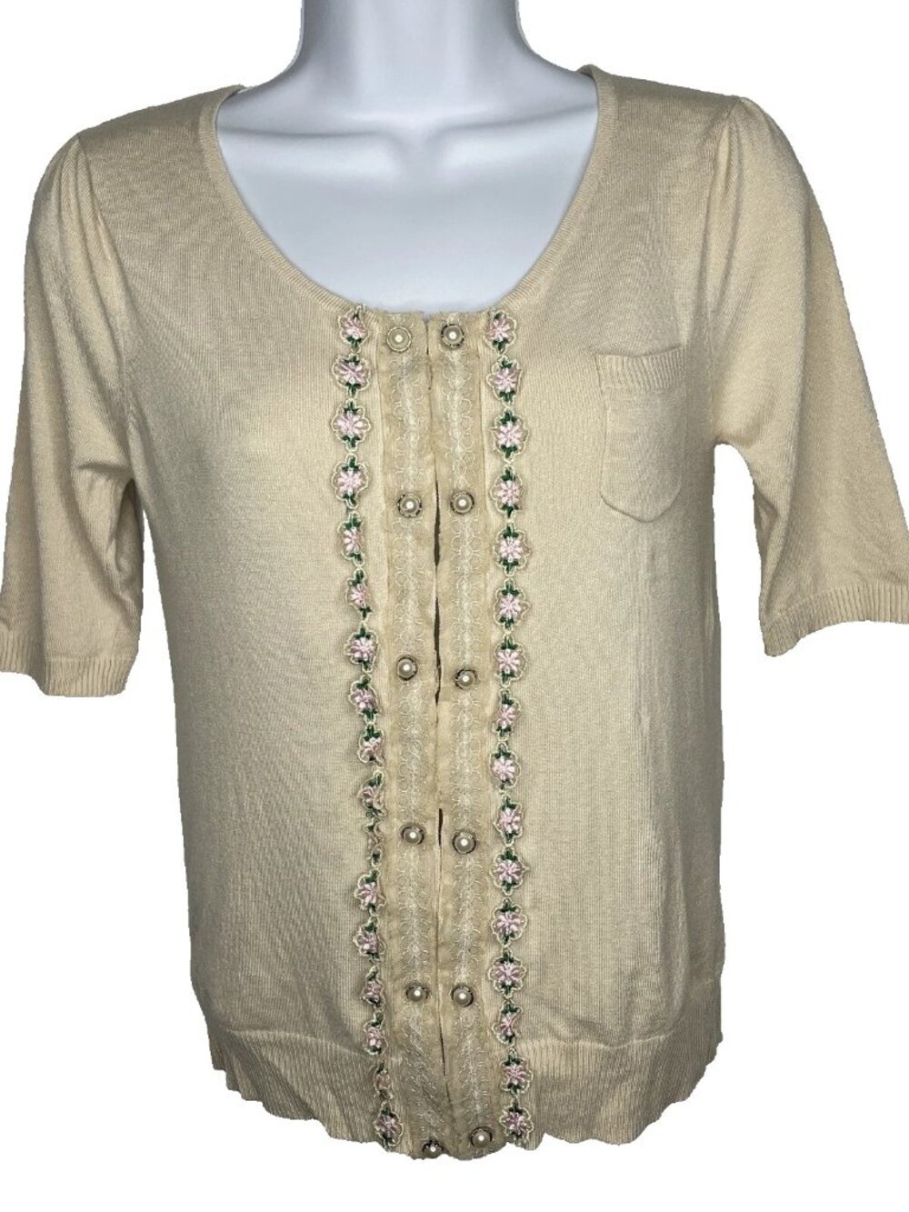 Darling Retro 50s Ivory Cardigan Sweater Size S Embroidered Lace Faux Pearls